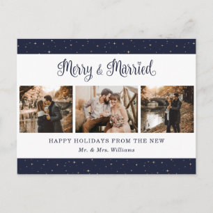 Blue Starry Photo Collage Newlywed Holiday Postcard