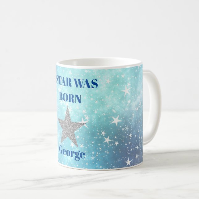 Blue Stars Birthday Fun Personal Modern Coffee Mug (Front Right)