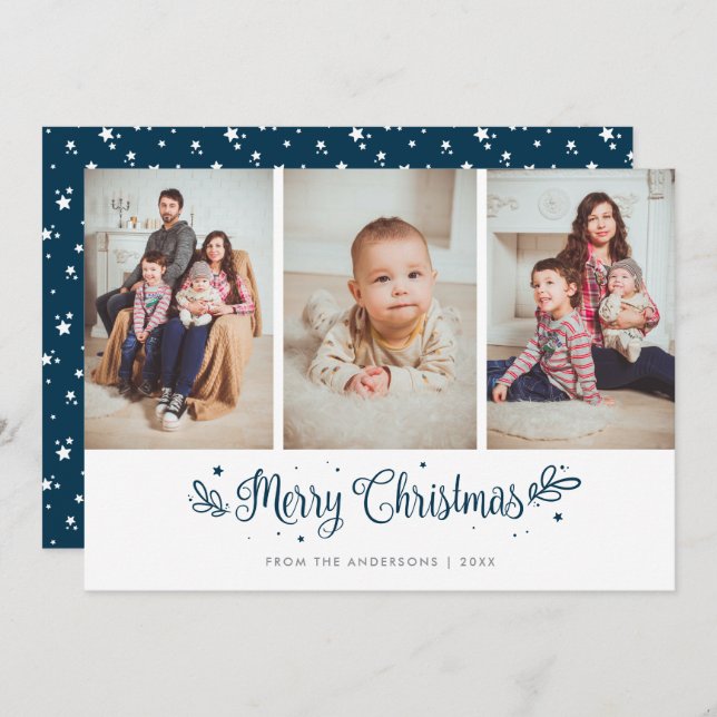 Blue Stars Calligraphy Christmas 3 Photo Cards (Front/Back)