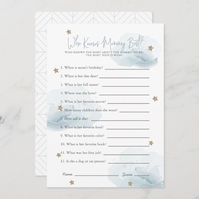 Blue Stars & Clouds Who Knows Mum Shower Game Card (Front/Back)