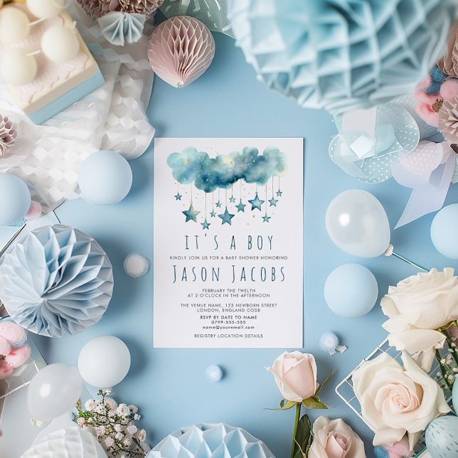Blue stars It's a boy baby shower Invitation (Blue stars baby shower invitation with watercolor stars and elegant script for a boy.)