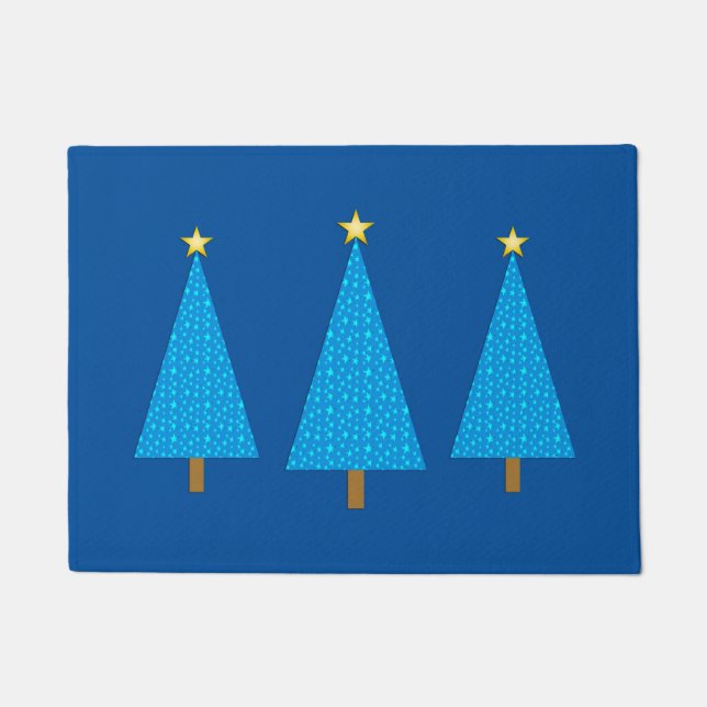 Blue Stars Modern Christmas Tree Doormat (Front)