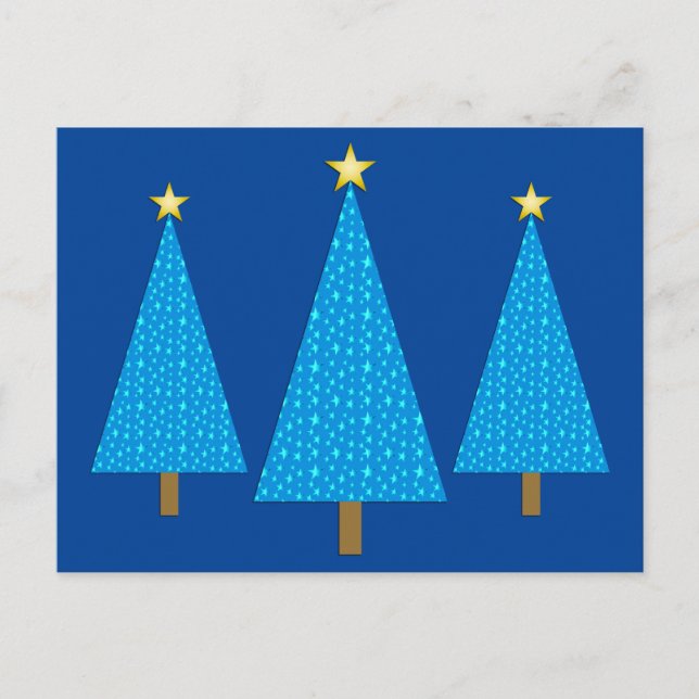 Blue stars modern Christmas trees Holiday Postcard (Front)