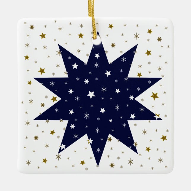 Blue stars & white stars & sparkly gold stars ceramic tree decoration (Front)