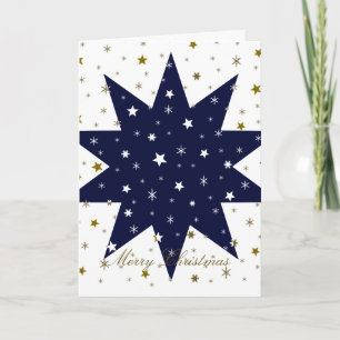 Blue stars & white stars & sparkly gold stars holiday card