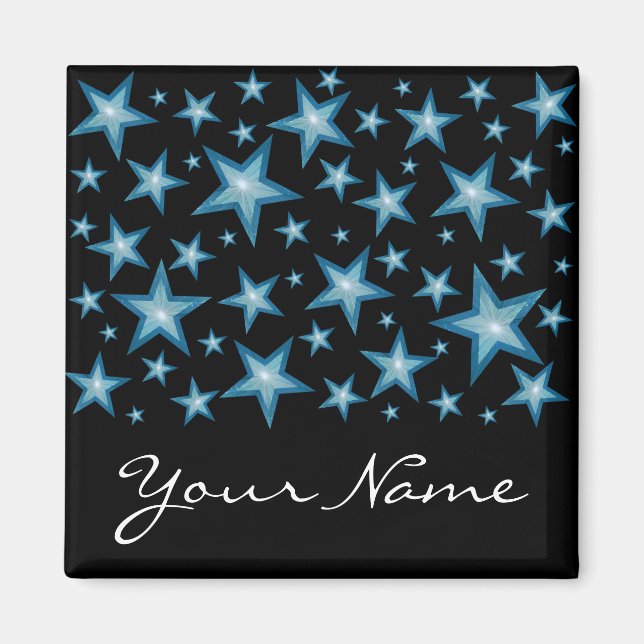 Blue Stars 'Your Name' fridge magnet square black (Front)
