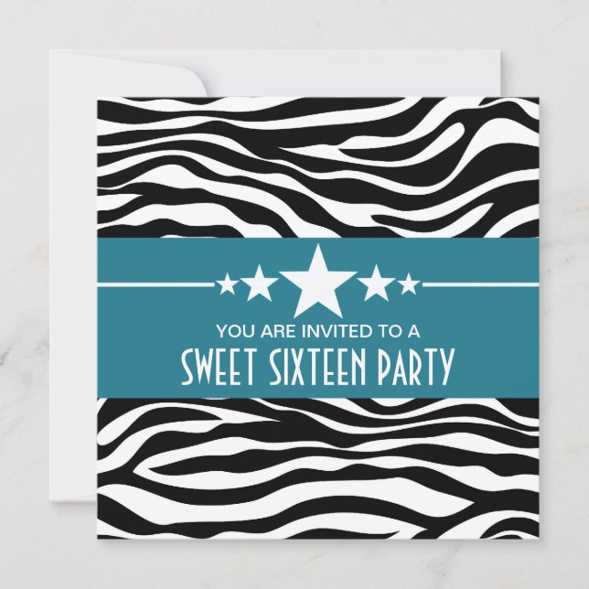 Blue Stars Zebra Print Sweet 16 Invite (Front)