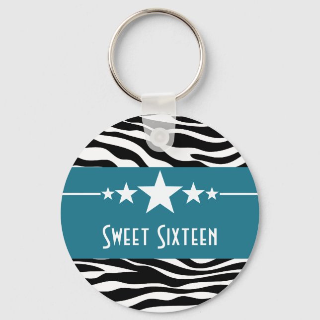 Blue Stars Zebra Print Sweet 16 Keychain (Front)