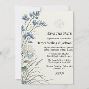 Blue Statice, Hydrangea, Compass Rose, and Waterco Invitation