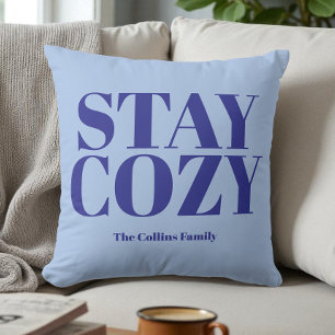 Blue Stay Cosy Festive Typography Name Minimalist Cushion