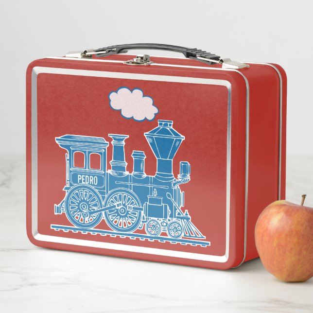 Blue steam loco train kids custom name lunch box (In Situ)