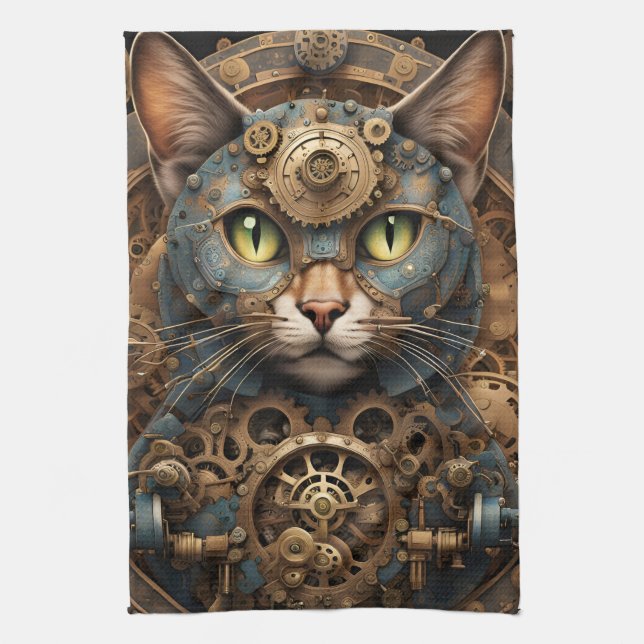 blue steampunk cat AI art  kitchen towel (Vertical)