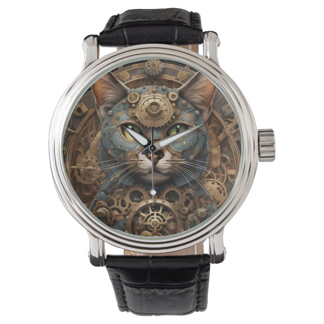 blue steampunk cat AI art mens watch (Front)