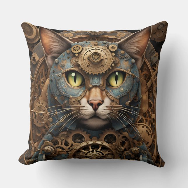 blue steampunk cat AI art pillow (Front)