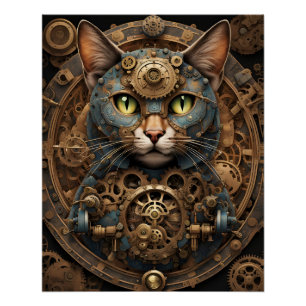 blue steampunk cat AI art poster
