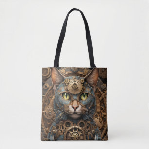 blue steampunk cat AI art tote bag