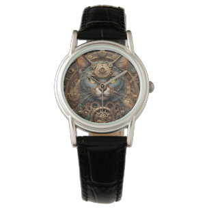 blue steampunk cat AI art womens watch