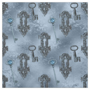 Blue Steampunk Lock and Key Vintage Decoupage Fabric