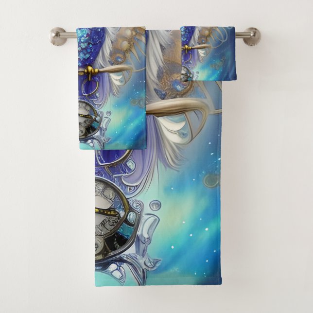 Blue Steampunk Owl Bath Towel Set (Insitu)