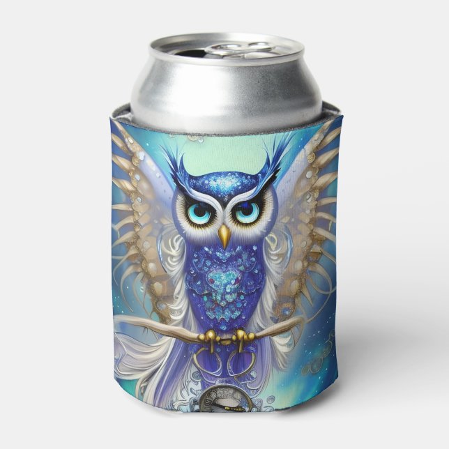 Blue Steampunk Owl Can Cooler (Can Front)