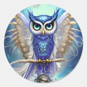 Blue Steampunk Owl Classic Round Sticker