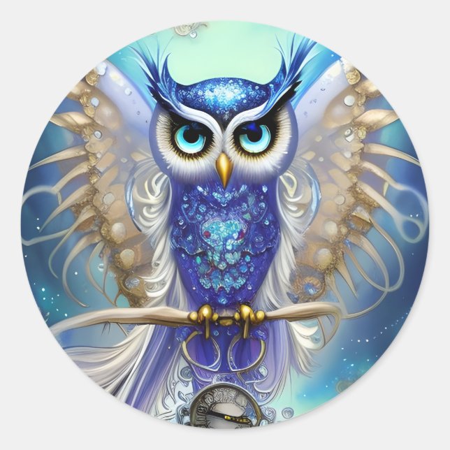 Blue Steampunk Owl Classic Round Sticker (Front)