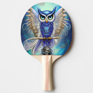 Blue Steampunk Owl Ping Pong Paddle