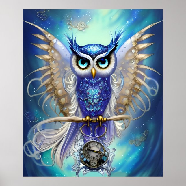Blue Steampunk Owl Poster (Front)