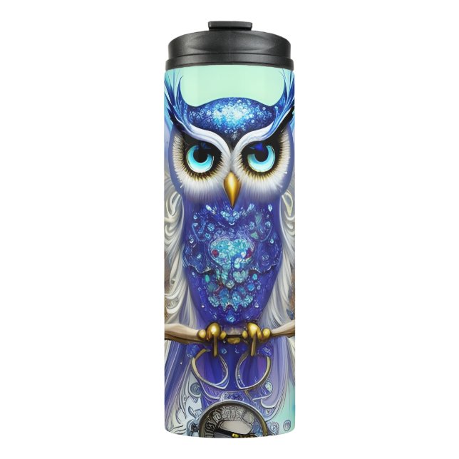 Blue Steampunk Owl Thermal Tumbler (Front)
