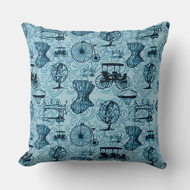 Blue Steampunk Pattern Throw Pillow (Front)