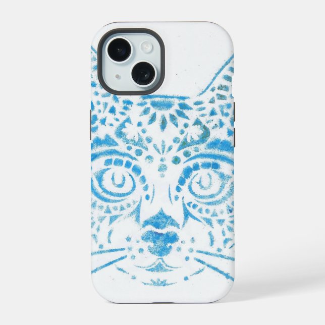 blue stencil cat iPhone 15 case (Back)