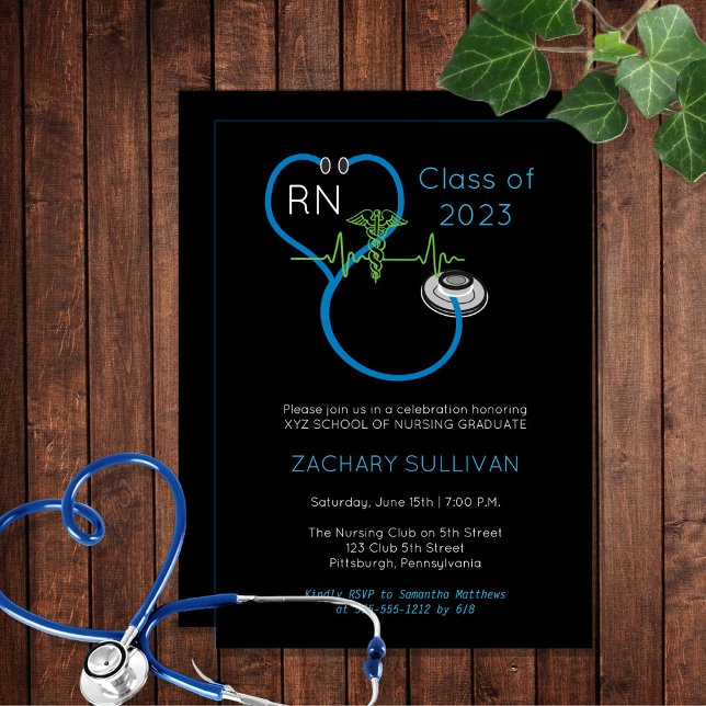 Blue Stethoscope EKG Nursing Graduation Party Invitation (Creator Uploaded)