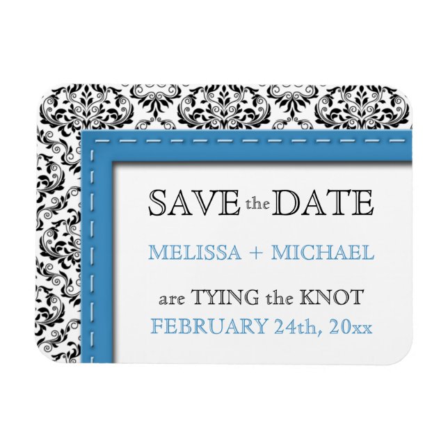 Blue Stitched Damask flat Save the Date Magnet (Horizontal)