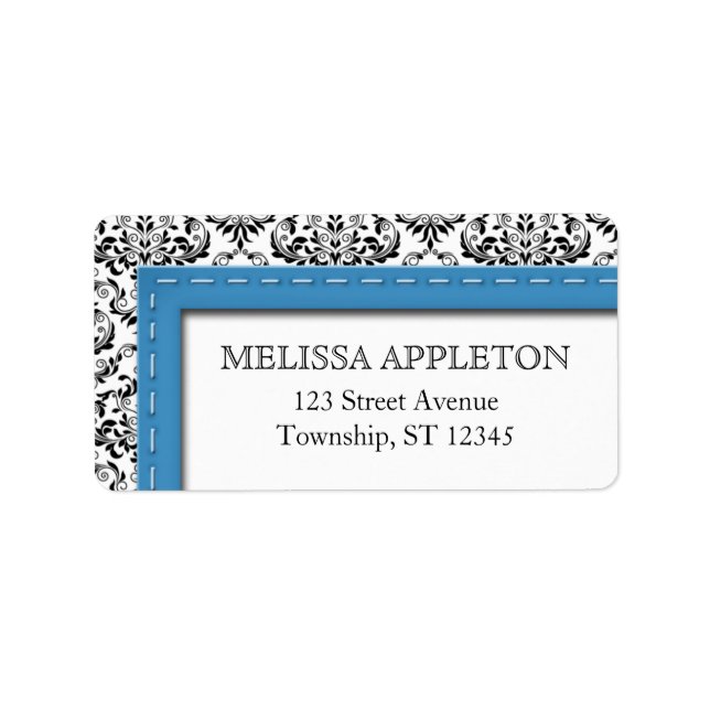 Blue Stitched Damask Personalised Address Labels (Front)