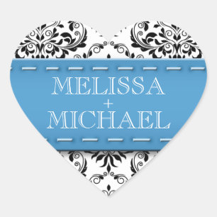 Blue Stitched Damask Wedding Heart Envelope Seals