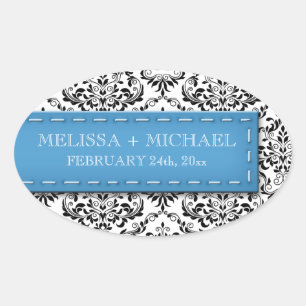 Blue Stitched Damask Wedding Large Favour Stickers