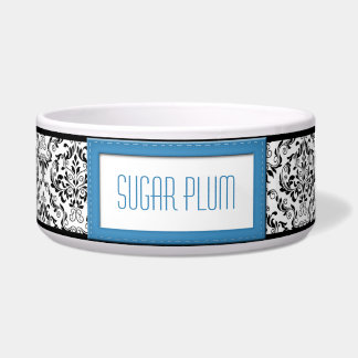 Blue Stitched Label Design Damask Dog Bowl