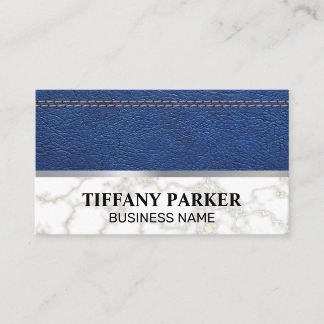 Blue Stitched Leather | White Marble Metallic Trim Business Card (Front)