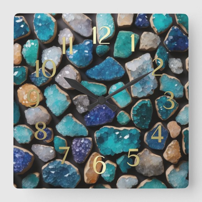 Blue Stones Trimmed in Gold Square Wall Clock (Front)
