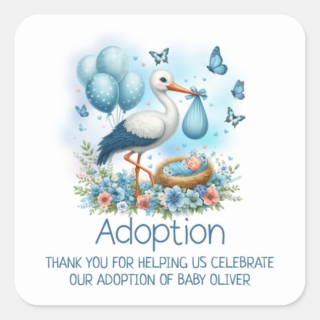 Blue Stork Baby Boy Adoption Baby Shower Thank You Square Sticker (Front)