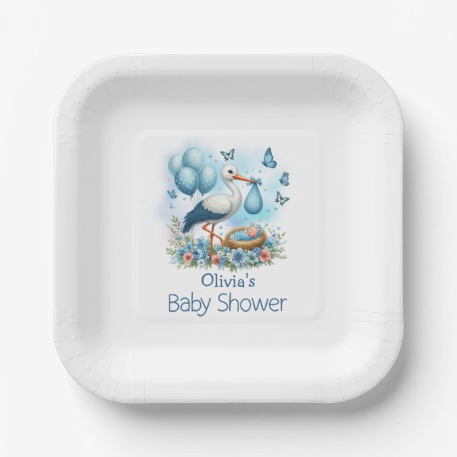Blue Stork Baby Boy Baby Shower Paper Plate (Front)