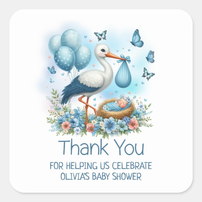 Blue Stork Baby Boy Baby Shower Thank You Square Sticker (Front)