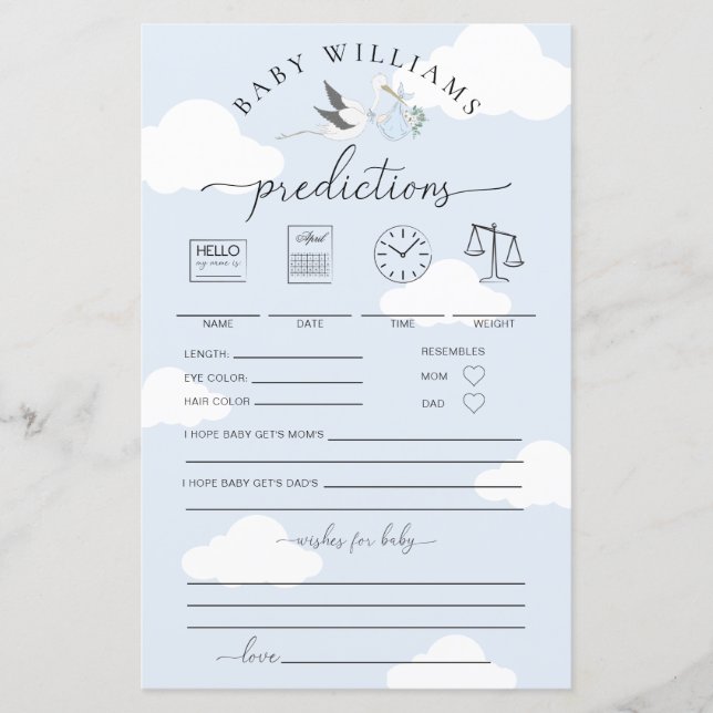 Blue Stork Baby Predictions Game (Front)