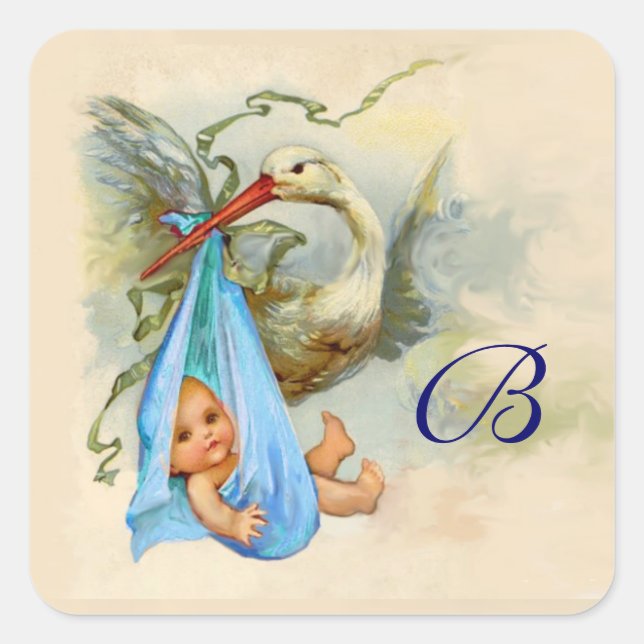 BLUE STORK BABY SHOWER MONOGRAM SQUARE STICKER (Front)