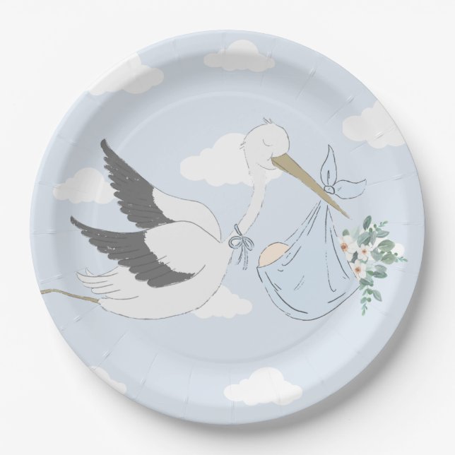 Blue Stork Baby Shower Paper Plate (Front)