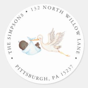Blue Stork Baby Shower Return Address Classic Roun Round Sticker