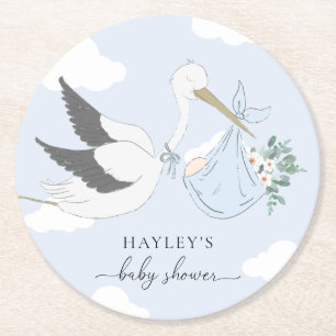 Blue Stork Baby Shower Round Paper Coaster