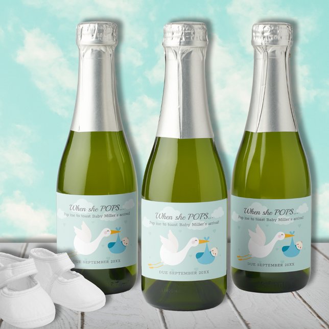 Blue Stork Bundle Pop It Mini Sparkling Wine Label (Cute blue stork boy bundle Pop It personalized mini champagne bottle labels)