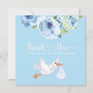 Blue Stork Monogram Floral Baby Shower Thank You Card