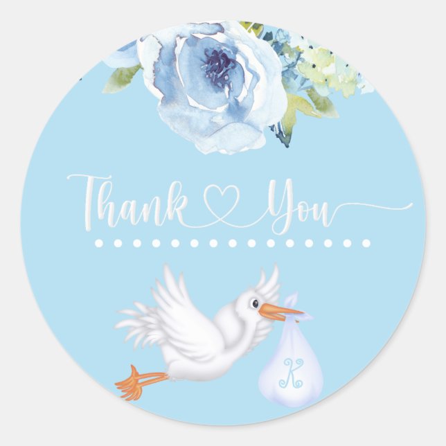  Blue Stork Monogram Floral Baby Shower Thank You Classic Round Sticker (Front)